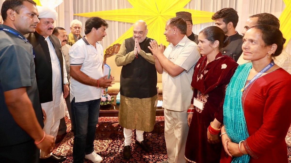 SHAH Union Home Minister Amit Shah meeting representatives of Gujjar, Bakerwal, Pahari and Sikh communities in Jammu on October 3 | Twitter | @AmitShah