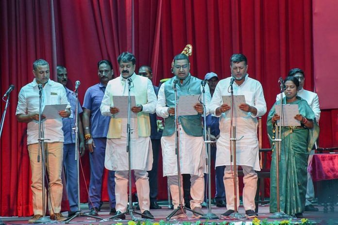 File photo of RJD leader Sudhakar Singh (extreme left) with other cabinet ministers during the swearing-in ceremony in Patna | PTI