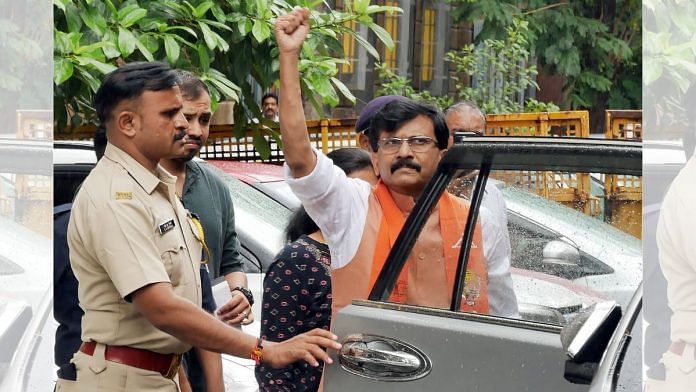 Sanjay Raut waves to his supporters while being produced before a special court in connection with the alleged money Laundering case in Mumbai, 8 August | Credit: ANI Photo