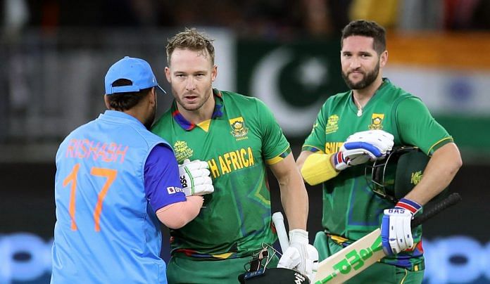 South Africa's David Miller handshakes with India's Rishabh Pant after the ICC Men's T20 World Cup 2022 Super 12 Group 2 match between India and South Africa, at Perth Stadium on 31 October 2022 | ANI Photo