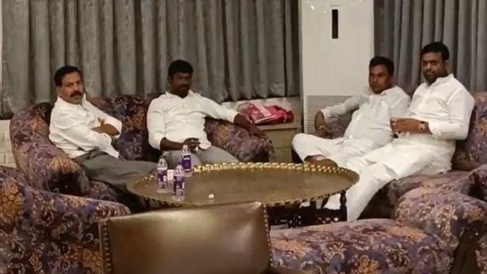 Still from a video clip showing four TRS MLAs at the farmhouse on outskirts of Hyderabad on Wednesday | Twitter | @itsmeKNR