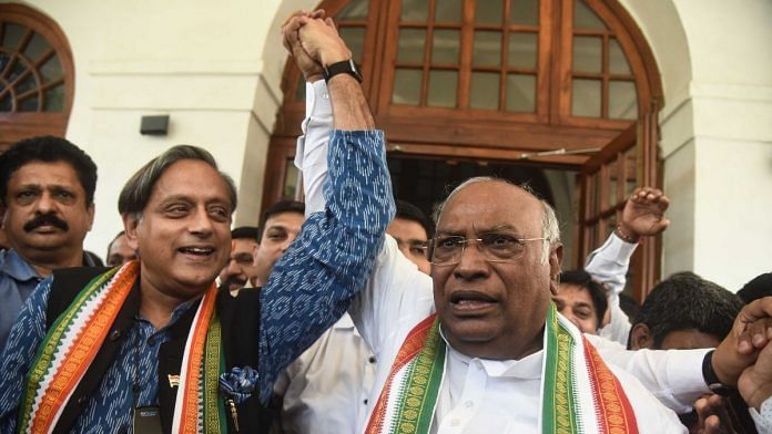 Congress leader Shashi Tharoor meets newly-elected party president Mallikarjun Kharge at his residence in New Delhi, on 19 2022 | Suraj Singh Bisht | ThePrint