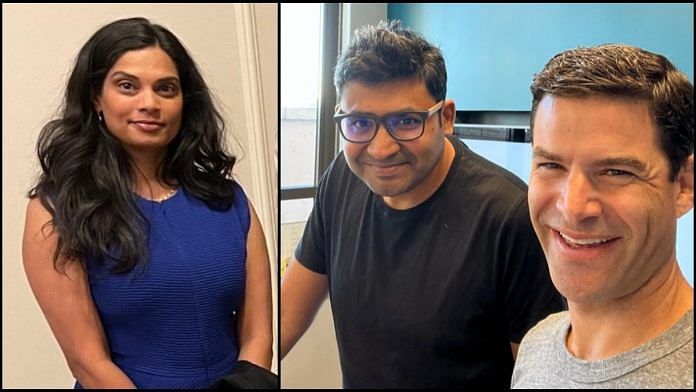 (Left to right) Former Twitter Chief Legal Counsel Vijaya Gadde, and Chief Executive Officer Parag Agrawal with Chief Financial Officer Ned Segal | Image via Twitter/@nedsegal/@vijaya