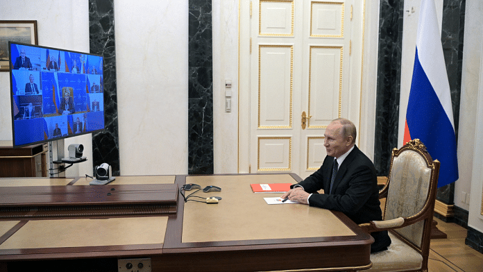 Russian President Vladimir Putin chairs a meeting with members of the Security Council via a video link in Moscow, Russia 26 October, 2022. Sputnik/Alexei Babushkin/Kremlin via Reuters