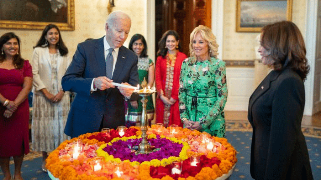 Joe Biden lighting a lamp at the White House | Image via Twitter/@POTUS
