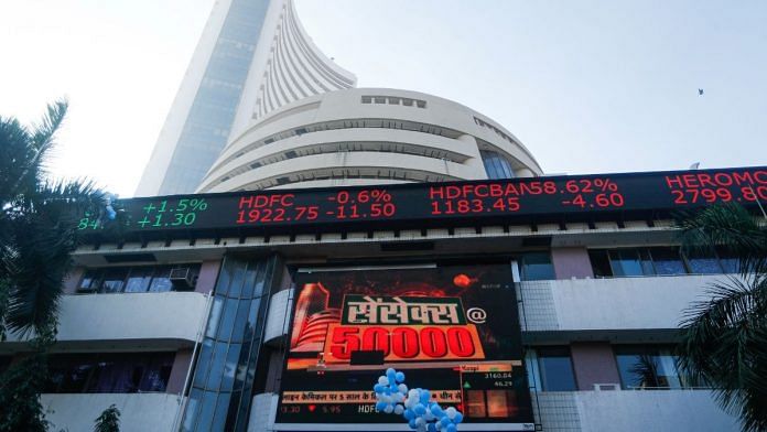 File photo of view of the Bombay Stock Exchange (BSE), after Sensex surpassed the 50,000 level for the first time, in Mumbai, 21 January, 2021 | Reuters