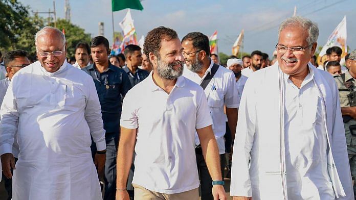 Congress leader Rahul Gandhi with party leaders Mallikarjun Kharge (left) and Bhupesh Baghel (right) during the party's Bharat Jodo Yatra in Ballari on Saturday, 15 October, 2022 | PTI photo