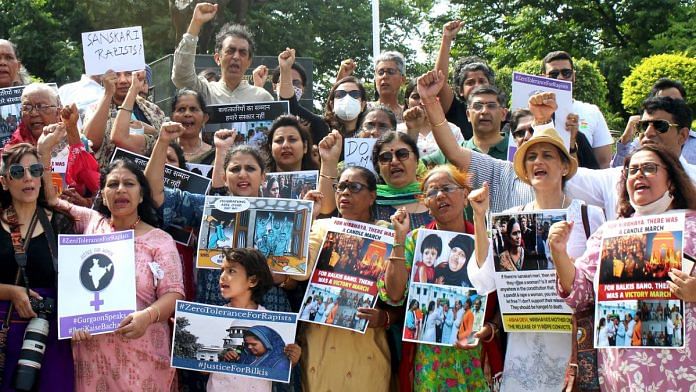 File photo of a protest against the remission of the sentences of the convicts in the Bilkis Bano case | ANI