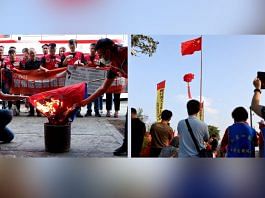 Members of the pro-independence Taiwan Statebuilding Party burn a Chinese flag in Kaohsiung (left), while people attend the flag rising ceremony to celebrate China's national day at the base of the Taiwan People's Communist Party in Tainan (right), on 1 October 2022 | Ann Wang/Reuters