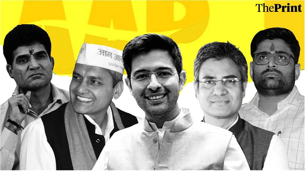 (L-R) AAP leaders Isudan Gadhvi, Surjeet Thakur, Raghav Chadha, Sandeep Pathak and Gopal Italia who will be leading AAP’s campaign in Gujarat and Himachal Pradesh | Photo source: Twitter & ThePrint