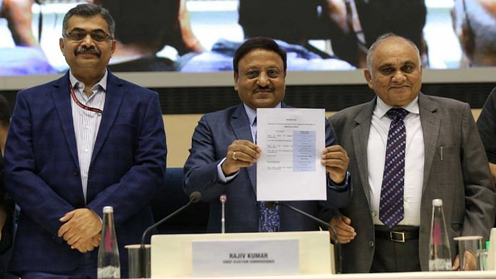 Chief Election Commissioner Rajiv Kumar at a press conference in Delhi where he announced the dates for the Himachal Pradesh assembly polls Friday. He is accompanied by Election Commissioner Anup Chandra Pandey and Deputy Election Commissioner Nitesh Vyas | Suraj Singh Bisht | ThePrint