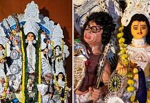 In this combo photo, a Durga idol in which the Mahishasura was replaced by a Mahatma Gandhi-look alike (left) created controversy on the birth anniversary of the father of the nation, on 2 October 2022 | PTI