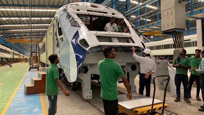 Senior Integral Coach Factory officials inspect a Vande Bharat train | Photo: Moushumi Das Gupta | ThePrint