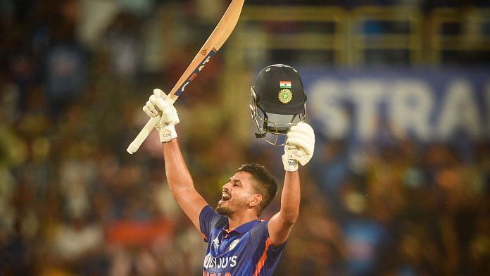 Shreyas Iyer celebrates after scoring a century during the 2nd ODI cricket match between India and South Africa, at the JSCA International Cricket Stadium in Ranchi, on 9 October 2022. | PTI Photo