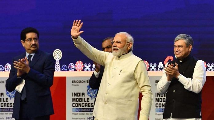 Prime Minister Narendra Modi at the inauguration of 6th Indian Mobile Congress at Pragati Maidan in New Delhi, on 1 October 2022 | The Print