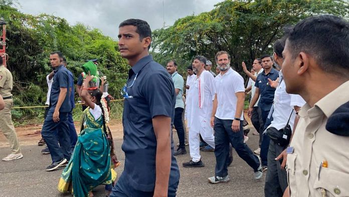 Rahul Gandhi walking at Konsagara, Karnataka, Thursday | Photo: Abantika Ghosh | ThePrint