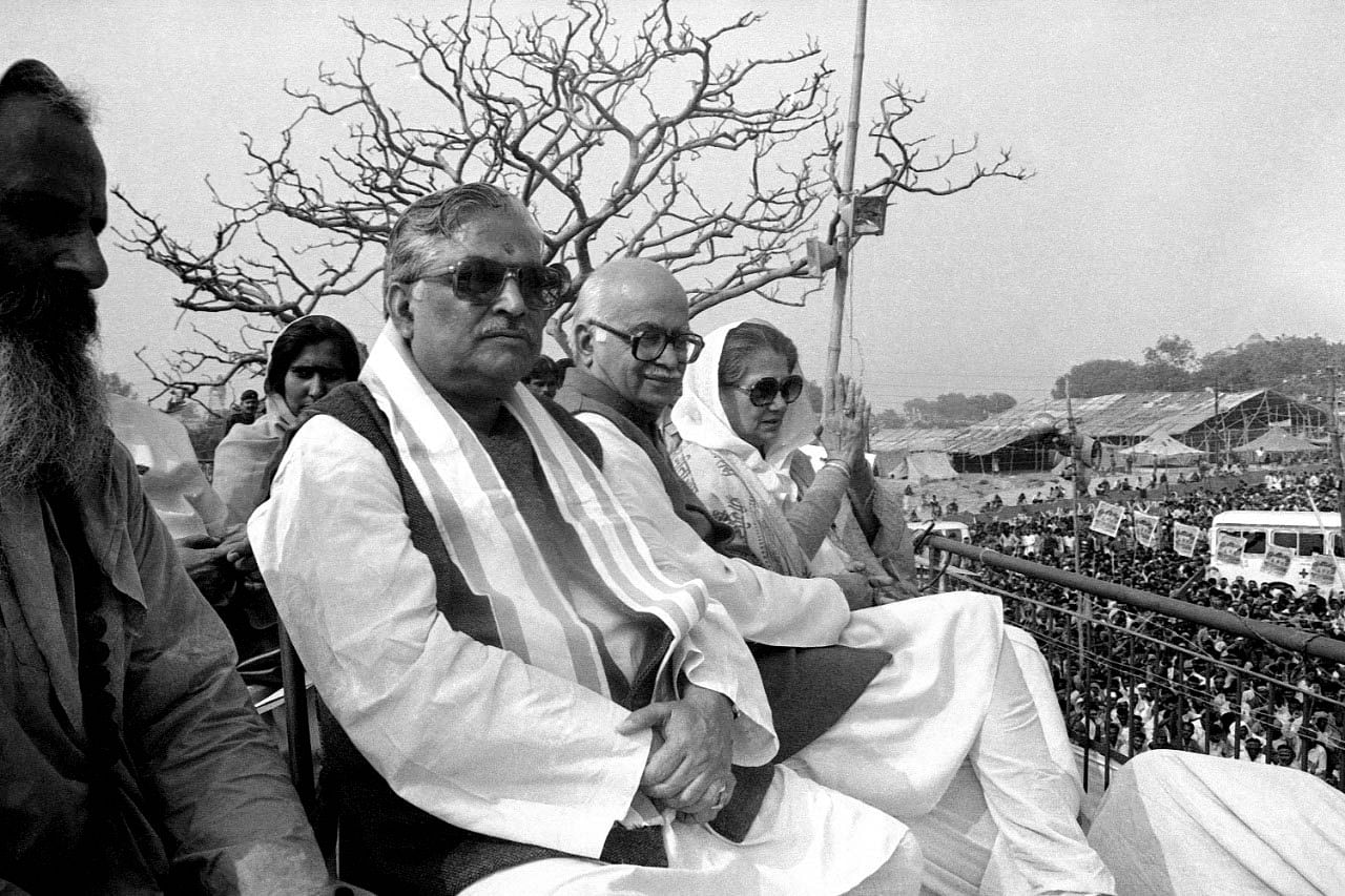 From left to right - BJP leaders Murli Manohar Joshi, L.K. Advani and Vijaya Raje Scindia,watching Babri Masjid demolition on 6 December 1992 | Photo: Praveen Jain | ThePrint