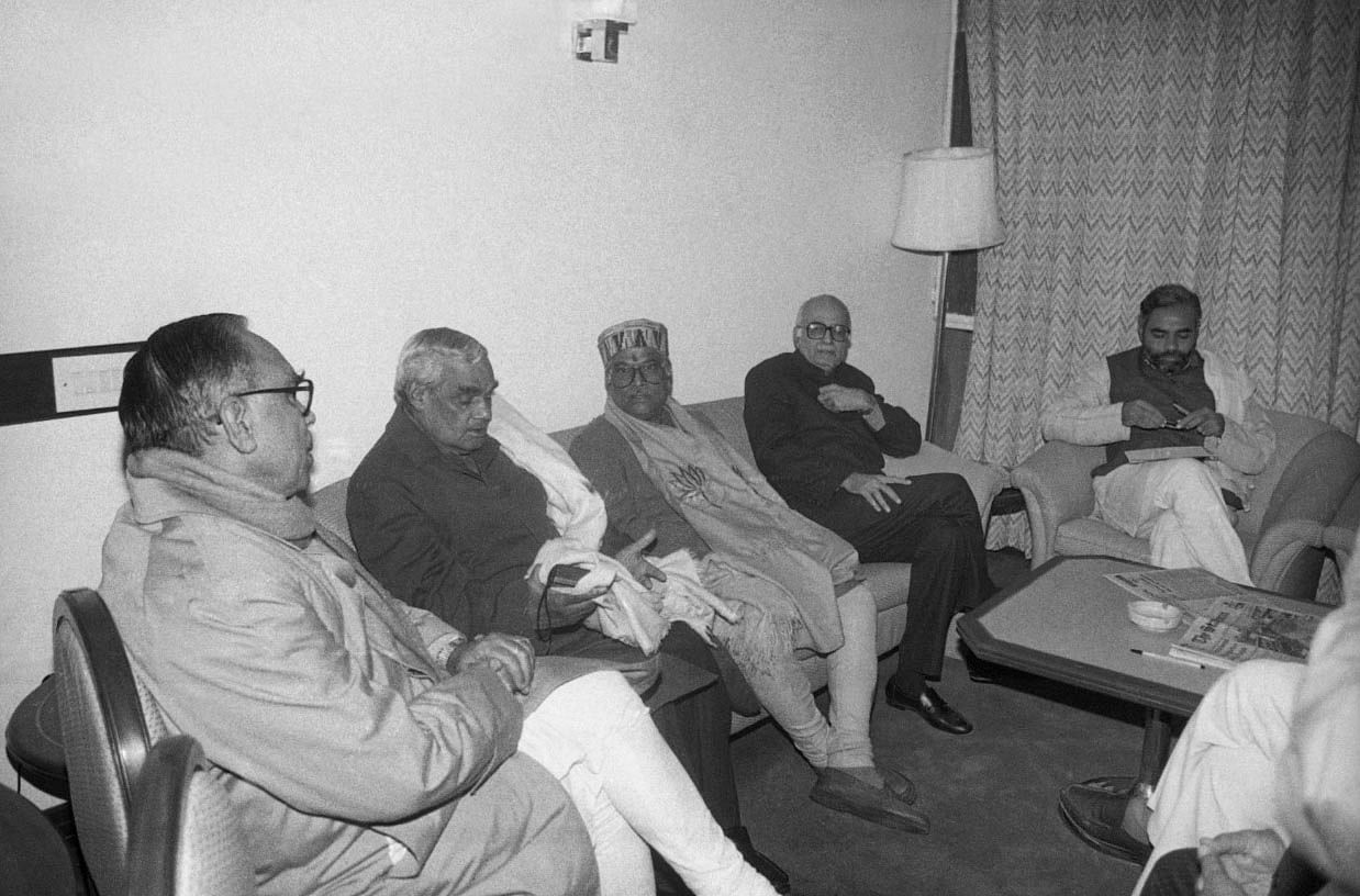 Senior BJP leaders, including Vajpayee, L.K. Advani and Modi, at a stop in the Ekta Yatra in Jammu in 1991. | Photo: Praveen Jain | ThePrint