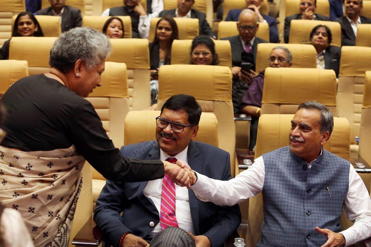 Supreme court judge B. V. Nagarathna greets other judges (from left to right) Bhushan Ramkrishna Gavai and M.R. Shah| Photo: Praveen Jain | ThePrint