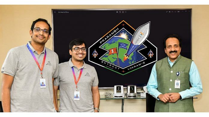 ISRO chairman S. Somanath (right) unveils the mission patch of Prarambh in the presence of Skyroot Aerospace co-founders Naga Bharath Daka (left) and Pawan Kumar Chandana (middle) | Twitter | @SkyrootA