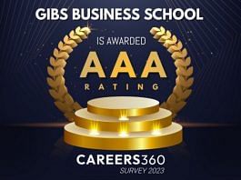 GIBS Bangalore is ranked as the Top Business School in India with an AAA Rating by Career360 Survey 2023