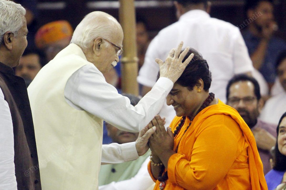 L.K.Advani blesses MP Pragya Singh Thakur after her win in 2019 Lok Sabha elections | Photo: Praveen Jain | ThePrint