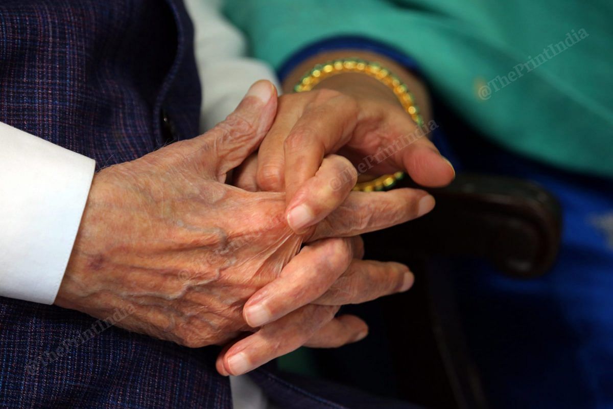L.K. Advani hold hands with his daughter Pratibha Advani | Photo: Praveen Jain | ThePrint