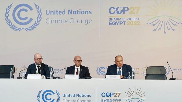 COP27 president and Egyptian Foreign Minister Sameh Shoukry (extreme right) and other officials at COP press conference in Sharm el-Sheikh on Sunday | Twitter | @COP27P