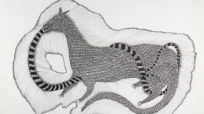 Nevla Saap (Mongoose and Snake), Jangarh Singh Shyam, c. 1998, Pen and ink on paper. Image courtesy of the Museum of Art & Photography (MAP), Bengaluru.