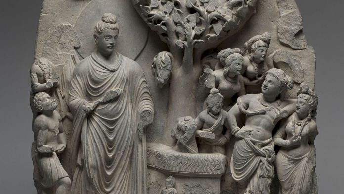 Siddhartha at the Bodhi Tree, Gandhara, Pakistan, c. 100–200s, Schist. Image courtesy of Cleveland Museum of Art.