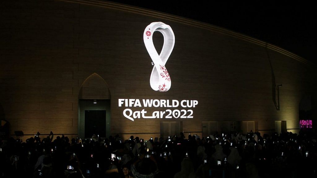 The tournament's official logo for the 2022 Qatar World Cup is seen on the wall of an amphitheater in Doha | Reuters
