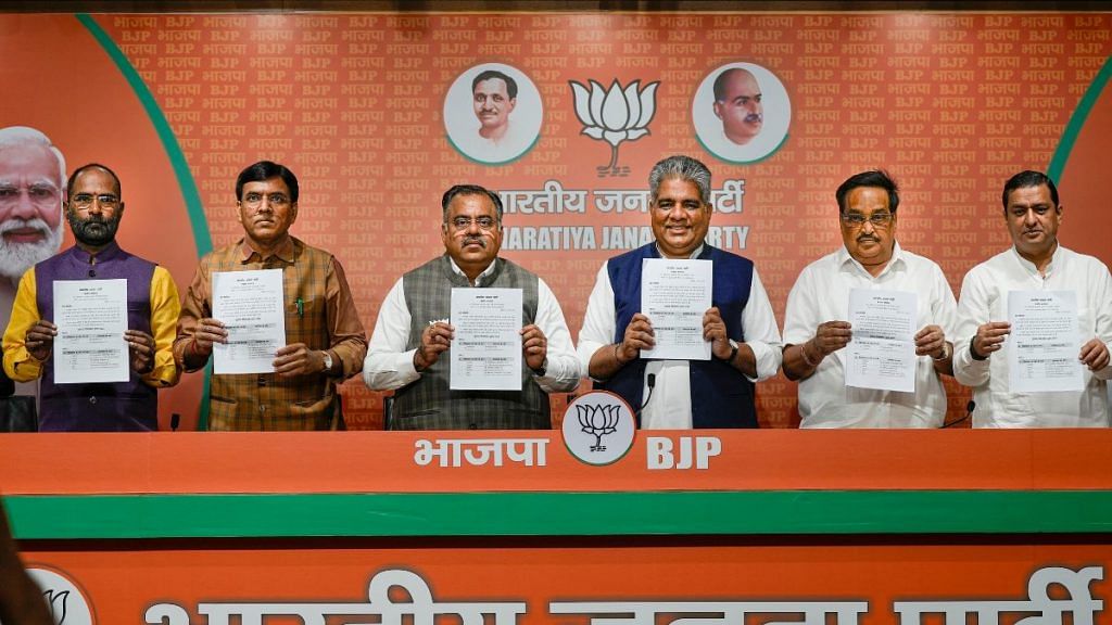 Union Minister Bhupendra Yadav releases the list of BJP candidates for Gujarat Assembly elections 2022 in New Delhi, on 10 November 2022 | PTI