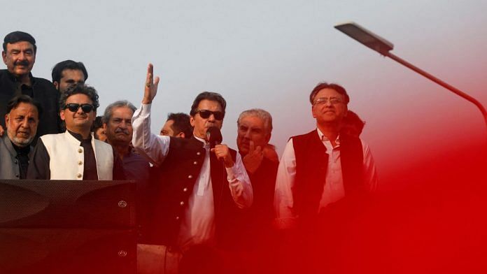 Pakistan's former PM Imran Khan addresses his supporters to pressure the government to announce new elections in Lahore, on 28 October 2022 | Reuters/Akhtar Soomro
