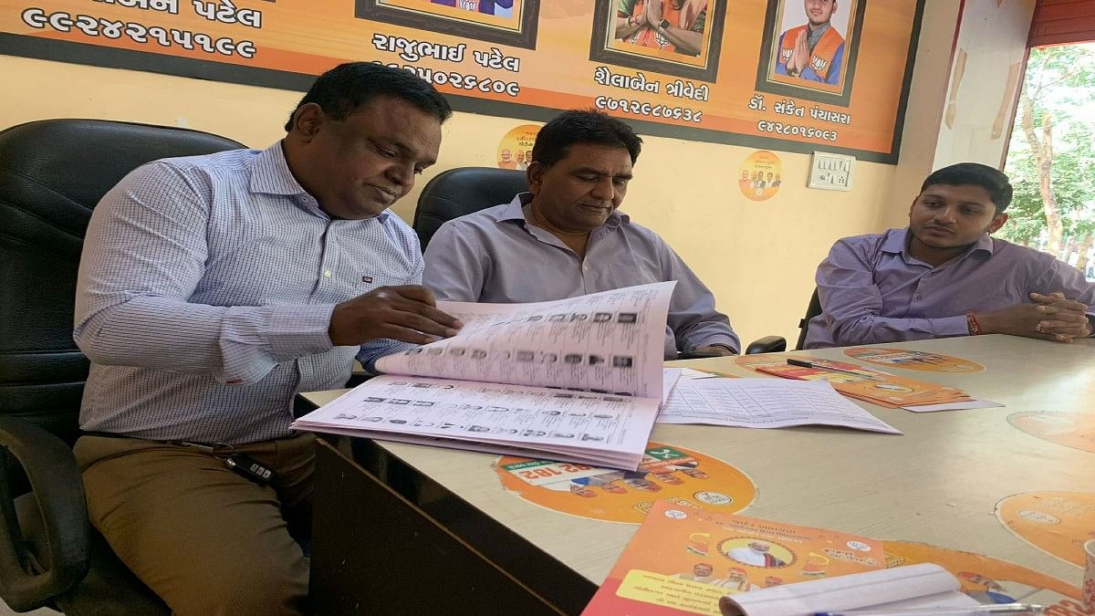 BJP panna Pramukhs (Left to right) BJP panna pramukhs, Kamlesh Banker, Raju Patel and Sanket Panchasara in Gandhinagar, Gujarat. | Manasi Phadke| ThePrint