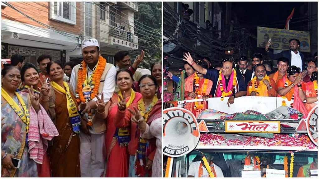 (Left) AAP candidate Anil Mittal on a padayatra and Assam Chief Minister Himanta Biswa Sharma campaigns for BJP ahead of MCD polls in New Delhi | Credit: Facebook/Anil Mittal & ANI