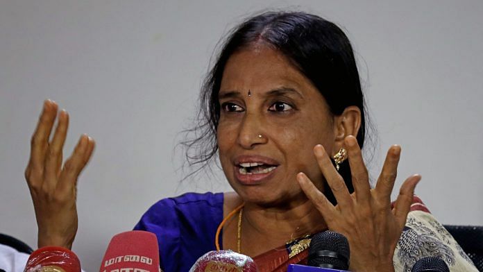 Nalini Sriharan, a convict in the assassination of former PM Rajiv Gandhi, addresses a press conference after being released from jail, in Chennai on 13 November 2022 | ANI Photo