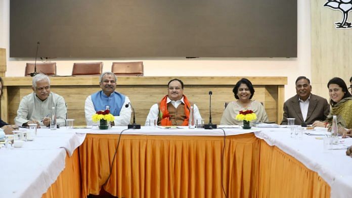 Senior BJP leaders B. L. Santhosh (extreme left) and J. P. Nadda (centre) with party leaders from Delhi unit at a meeting | Twitter | @M_Lekhi