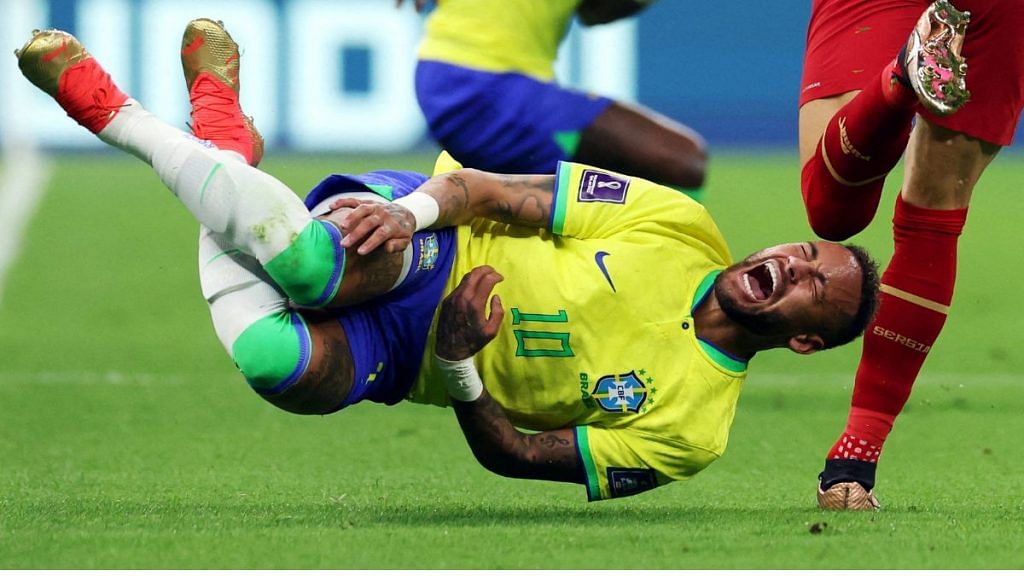 Brazil's Neymar reacts after a challenge from Serbia'a Sasa Lukic at Lusail Stadium, Lusail, Qatar on 24 November 24, 2022 | Reuters