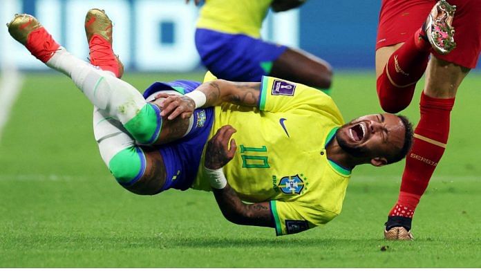 Brazil's Neymar reacts after a challenge from Serbia'a Sasa Lukic at Lusail Stadium, Lusail, Qatar on 24 November 24, 2022 | Reuters