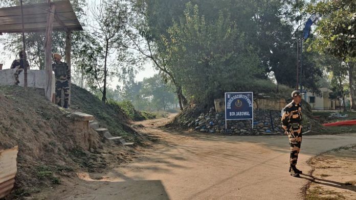 Border Security Force (BSF) personnel stand guard at the BOP Jabowal after a Pakistani intruder was neutralised along the International Border, at Arnia sector, in Jammu on 22 NOvember, 2022 in Jammu | ANI