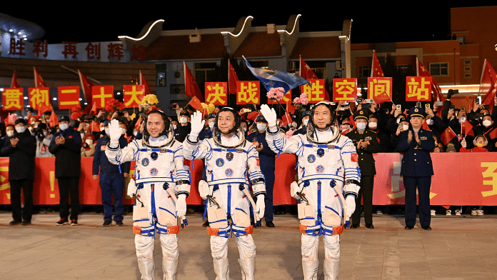 Astronauts Fei Junlong, Deng Qingming and Zhang Lu attend a see-off ceremony before the Shenzhou-15 spaceflight mission to build China's space station, at Jiuquan Satellite Launch Center, near Jiuquan, Gansu province, China 29 September, 2022. cnsphoto via Reuters