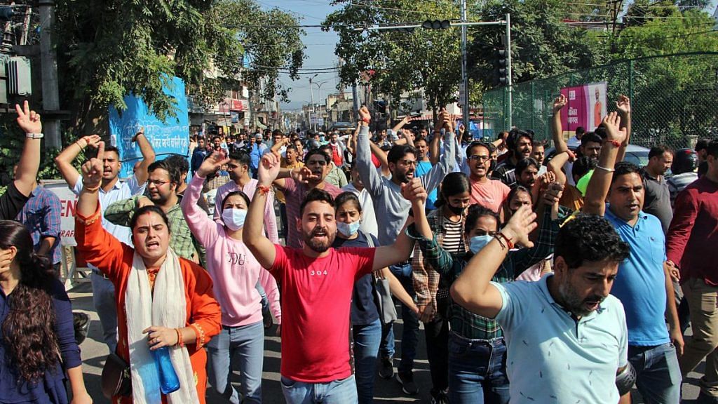 File photo of Kashmiri Pandits protesting against the killing of Puran Krishan Bhat, a Kashmiri Pandit in Shopian, in Jammu, 15 October, 2022 | ANI