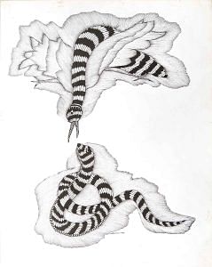 Nevla Saap (Mongoose and Snake), Jangarh Singh Shyam, c. 1998, Pen and ink on paper.