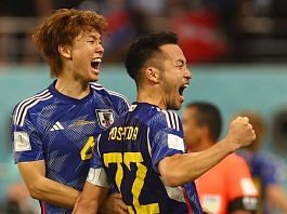 Japan's Maya Yoshida and Kou Itakura celebrate after the match | Reuters