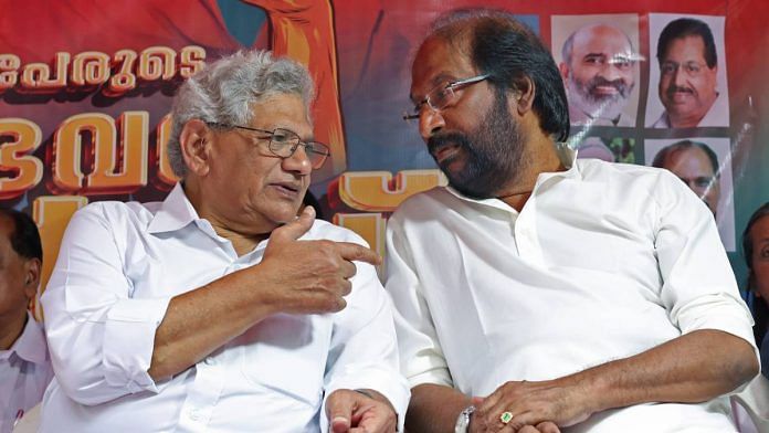 CPI(M) general secretary Sitaram Yechury and DMK MP Tiruchi Siva at the LDF's protest in Thiruvananthapuram on 15 November | ANI