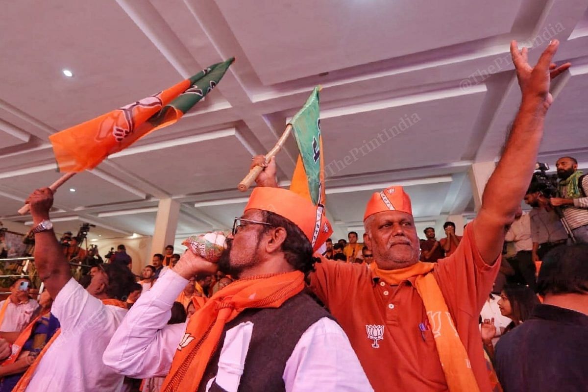 BJP workers celebrate at the party office in Gandhinagar | Photo: Praveen Jain | ThePrint