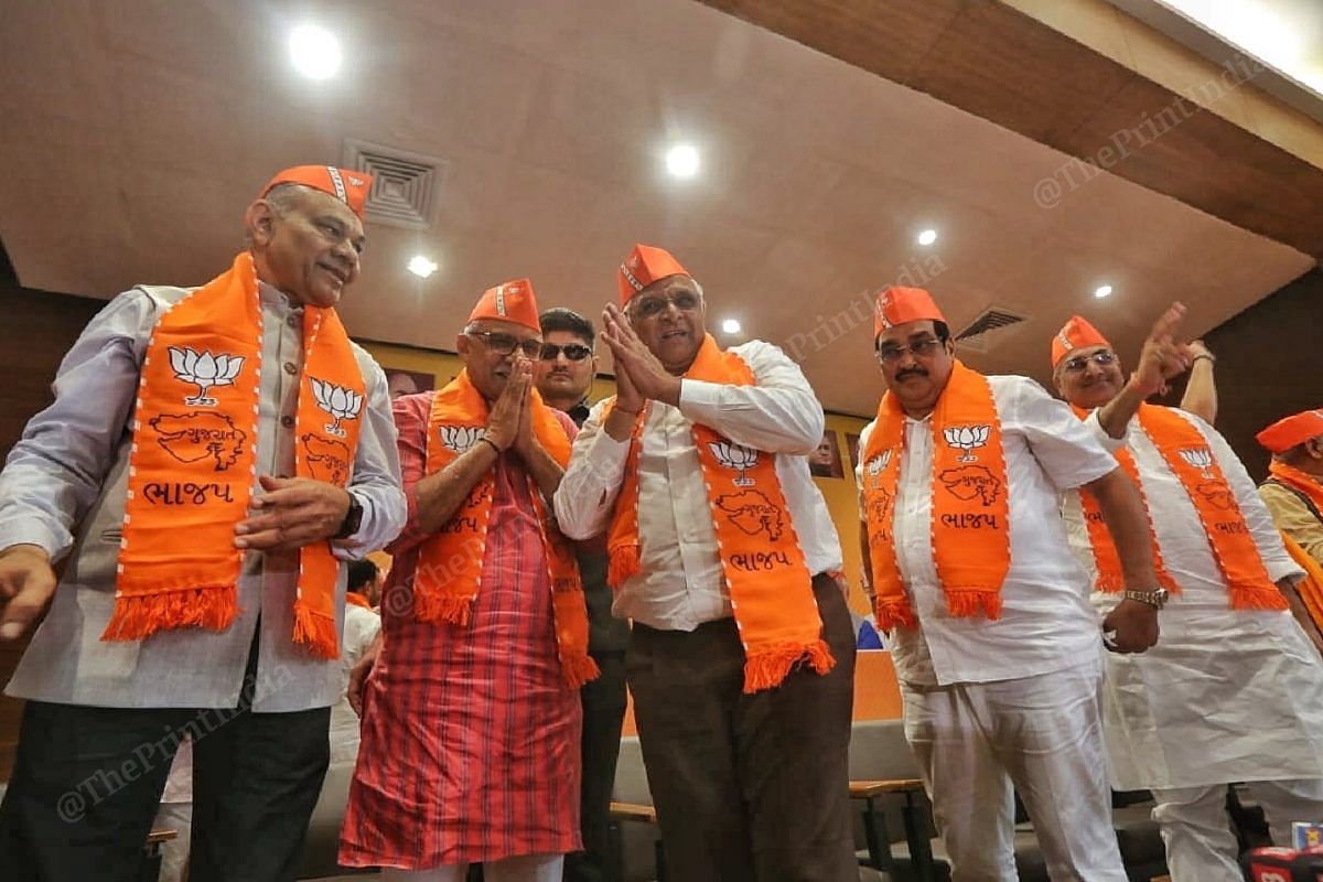BJP leaders greeting the media at the party office in Gandhinagar on Thursday |  Photo: Praveen Jain |  impression