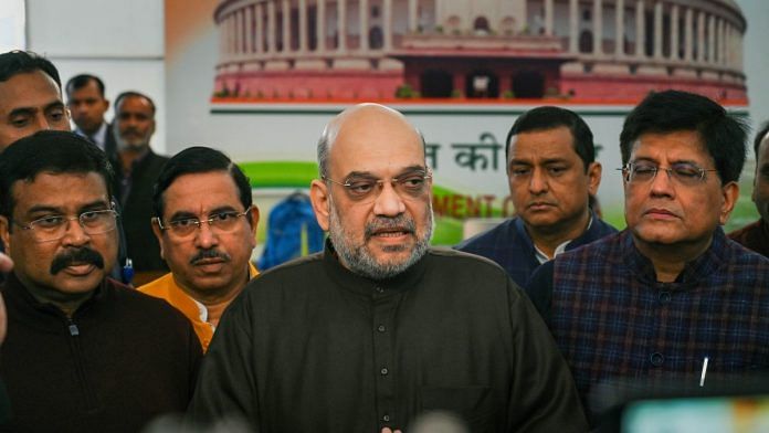 Home Minister Amit Shah speaks with the media at Parliament House complex in New Delhi, on 13 December 2022 | PTI