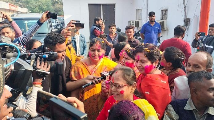 BJP workers and supporters celebrate Kudhani bypoll win at party office in Patna on Thursday | Twitter | @BJP4Bihar