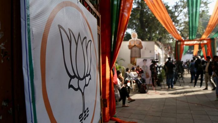 Scene outside BJP's Delhi unit's office before the MCD poll results were declared Wednesday | Manisha Mondal | ThePrint